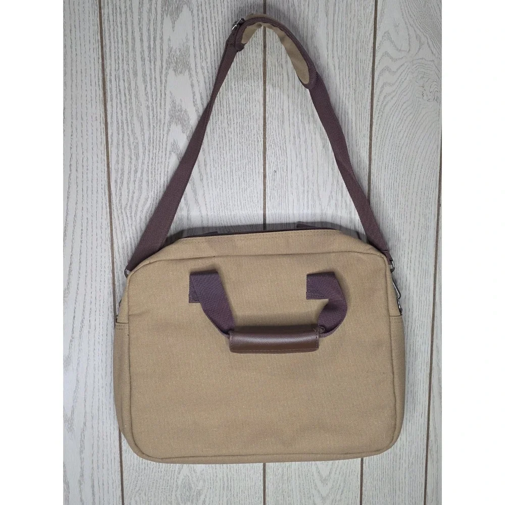 Bella Russo Khaki Canvas Laptop Messenger Bag Brown Trim Adjustable Strap 15in